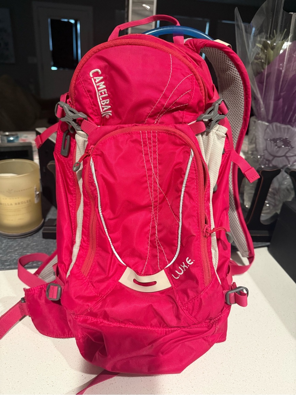 CamelBak L.U.X.E. Hydration backpack in bright pink with light grey accents.